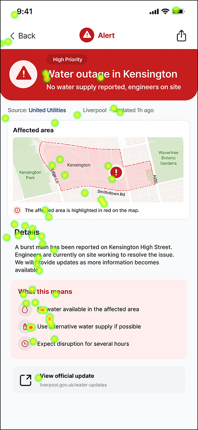 Alerts page eye-tracking heatmap for the Inline mobile interface