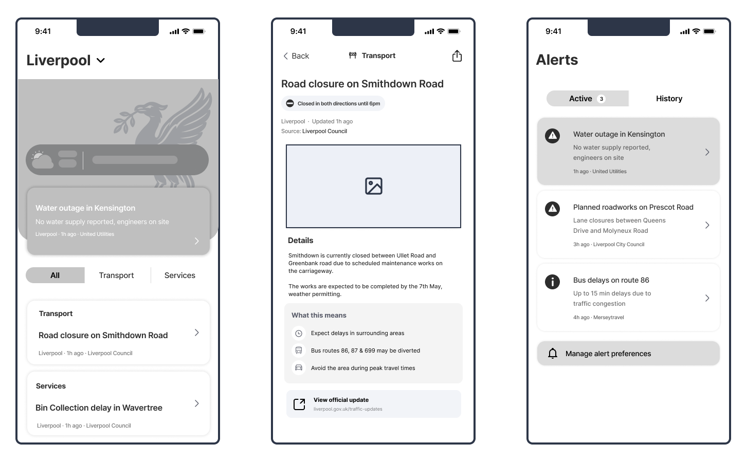 Mid-fidelity wireframes for the Inline mobile civic information platform