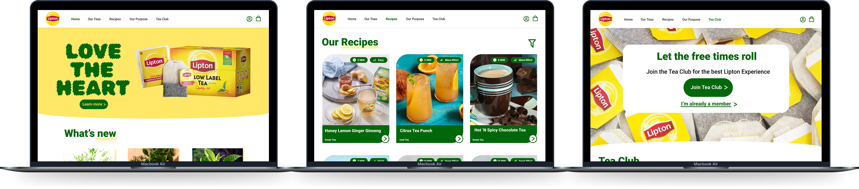 Hero, tea categories, purpose story, recipes, and Tea Club captured in one collage.