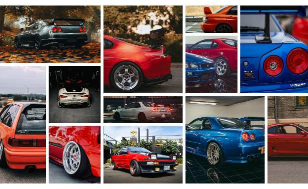 Moodboard collage mixing cars, typography, and textures