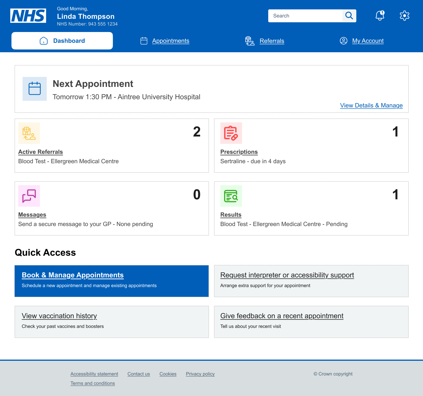 Prototype dashboard showing appointments and referrals