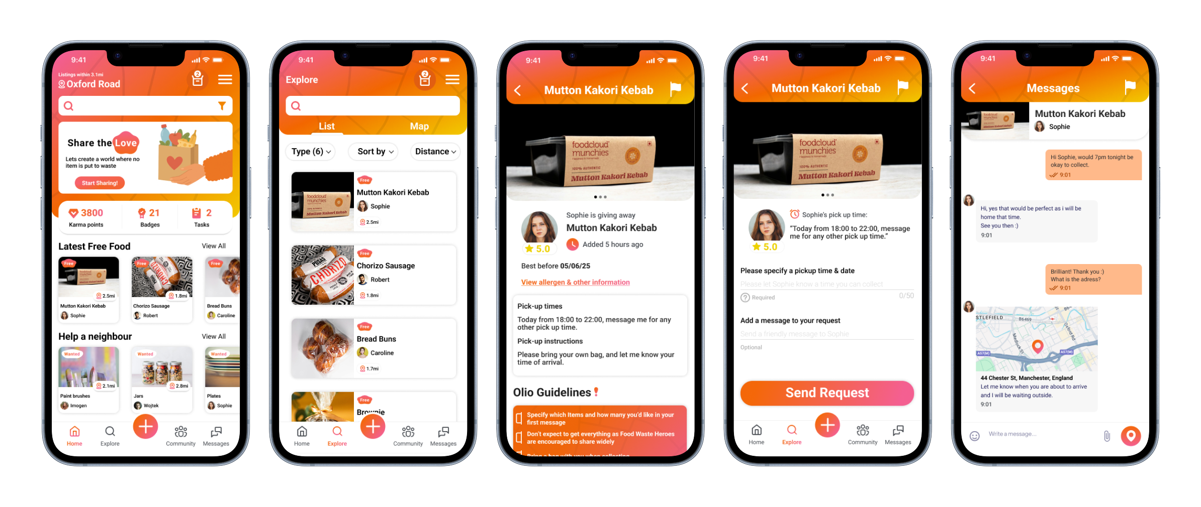 Key OLIO screens highlighting discovery, item, and messaging flows.
