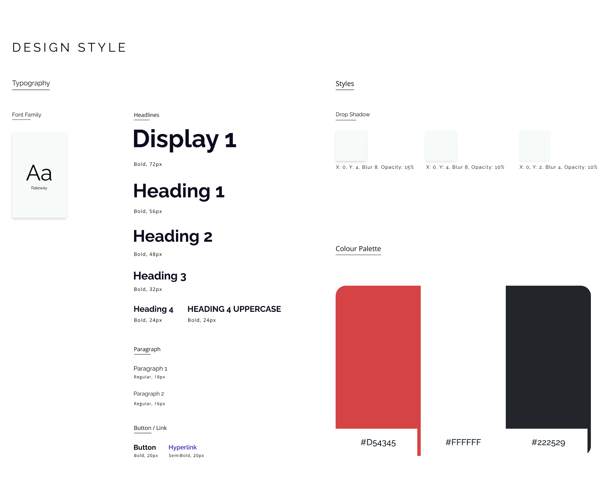 Colour palette swatches in red, white, and charcoal