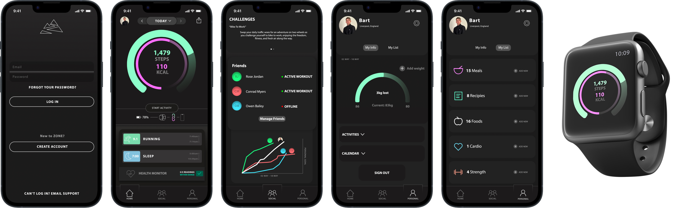 Key mobile and watch UI screens.